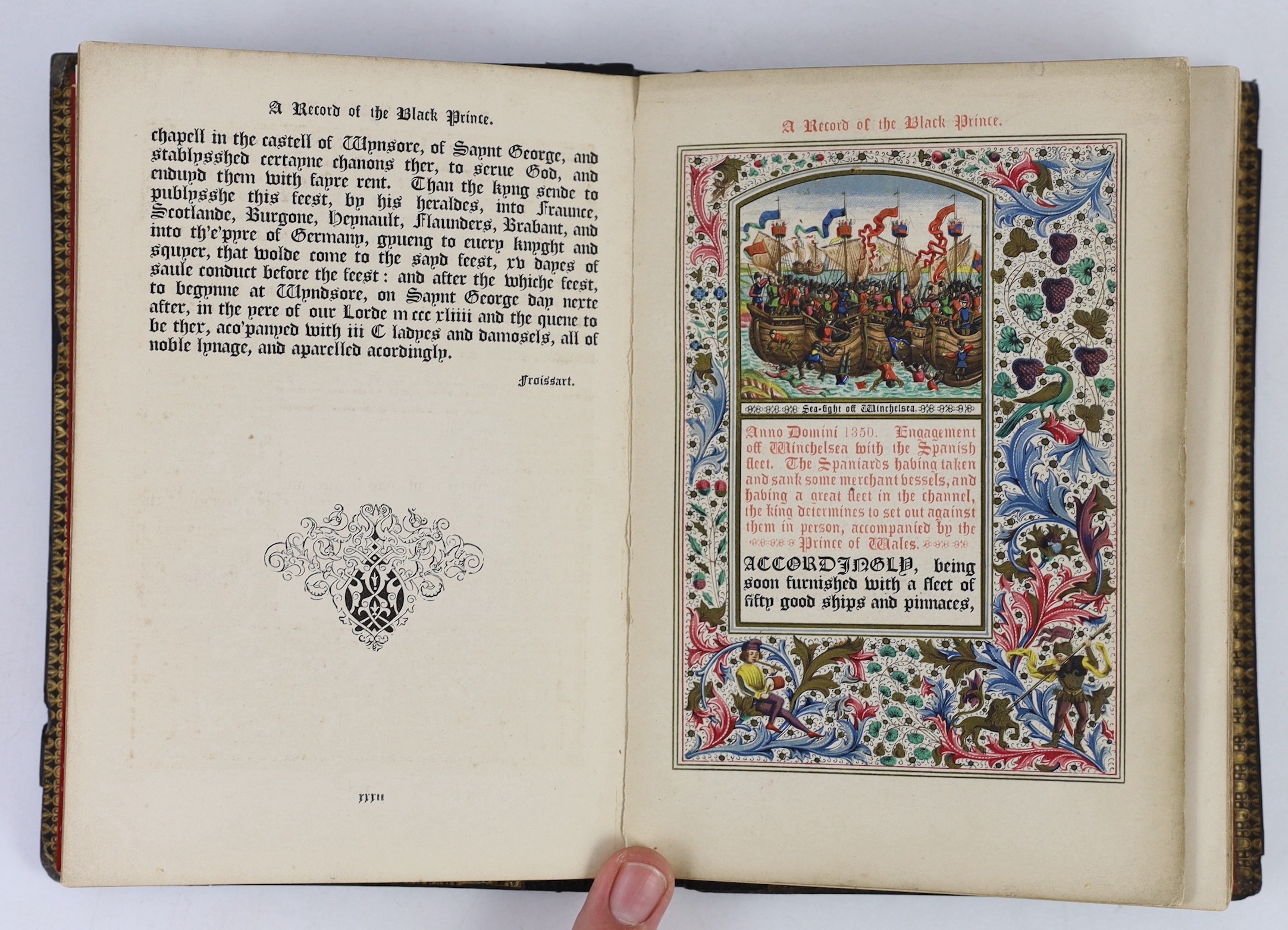 Humphreys, Henry Noel - A Record of the Black Prince, 8vo, original Gothic revival black moulded and pierced boards, in papier-mâché, simulating carved wood, with 6 chromolithograph plates, text in red and black Longman,